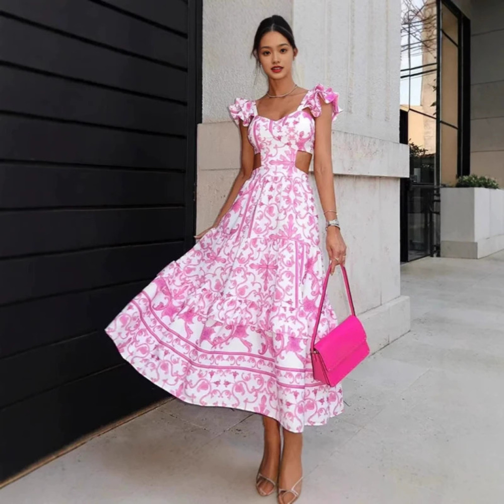 Spring Padded Shoulder Flutter Sleeve Printed Cutout Long Dress